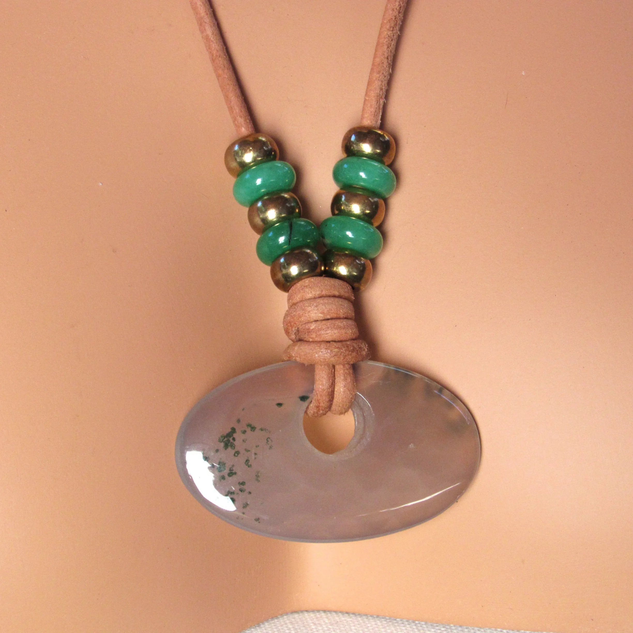 Green Agate gemstone and brass Pendant Hand knotted on Leather