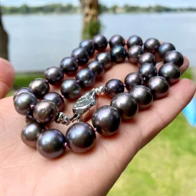 Hand knotted Chunky Fresh Water Black Pearls Necklace, Sterling Silver Box Clasp, 18or 20inches