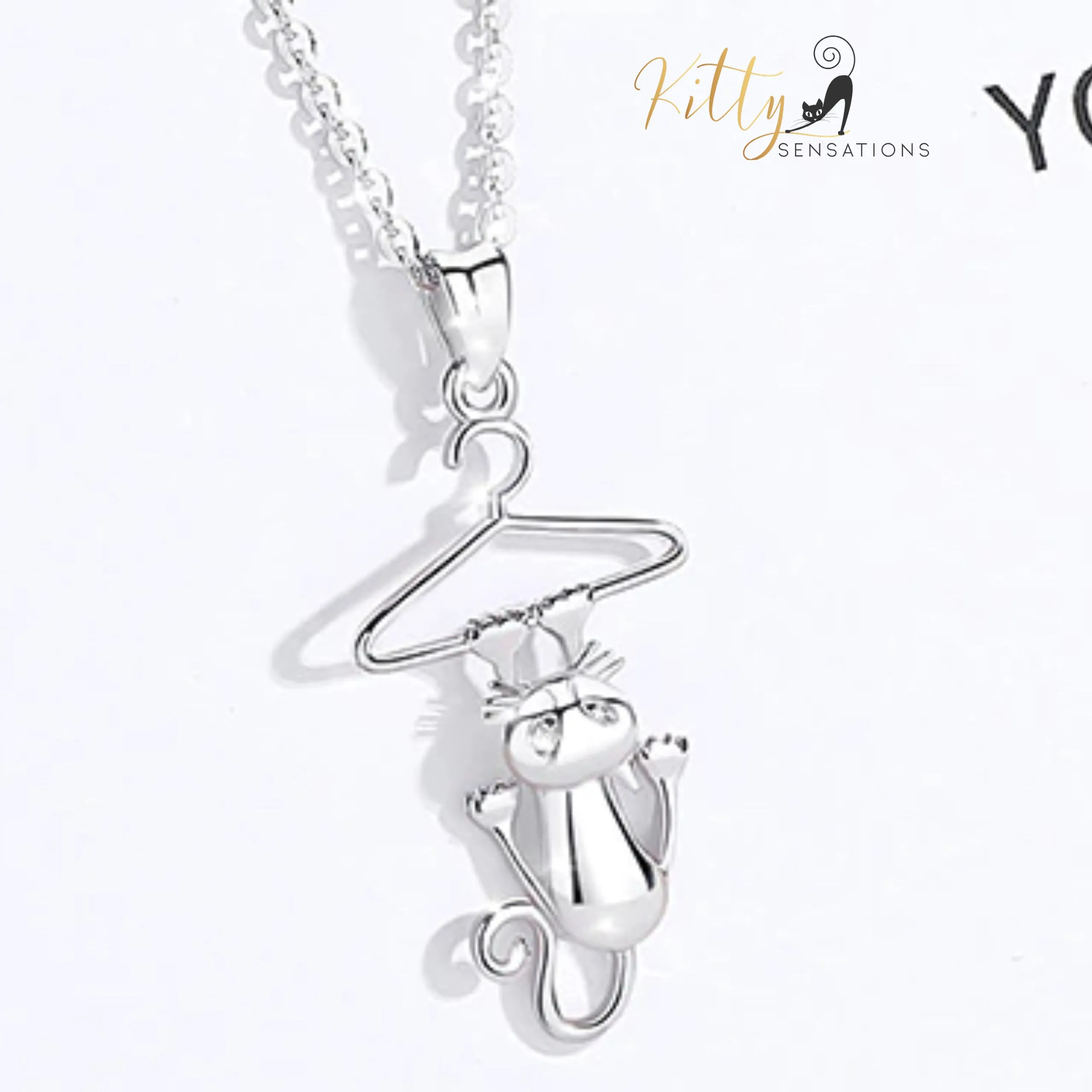 Hang-In-There Cat Necklace in Solid 925 Sterling Silver - 18K Rhodium Plated