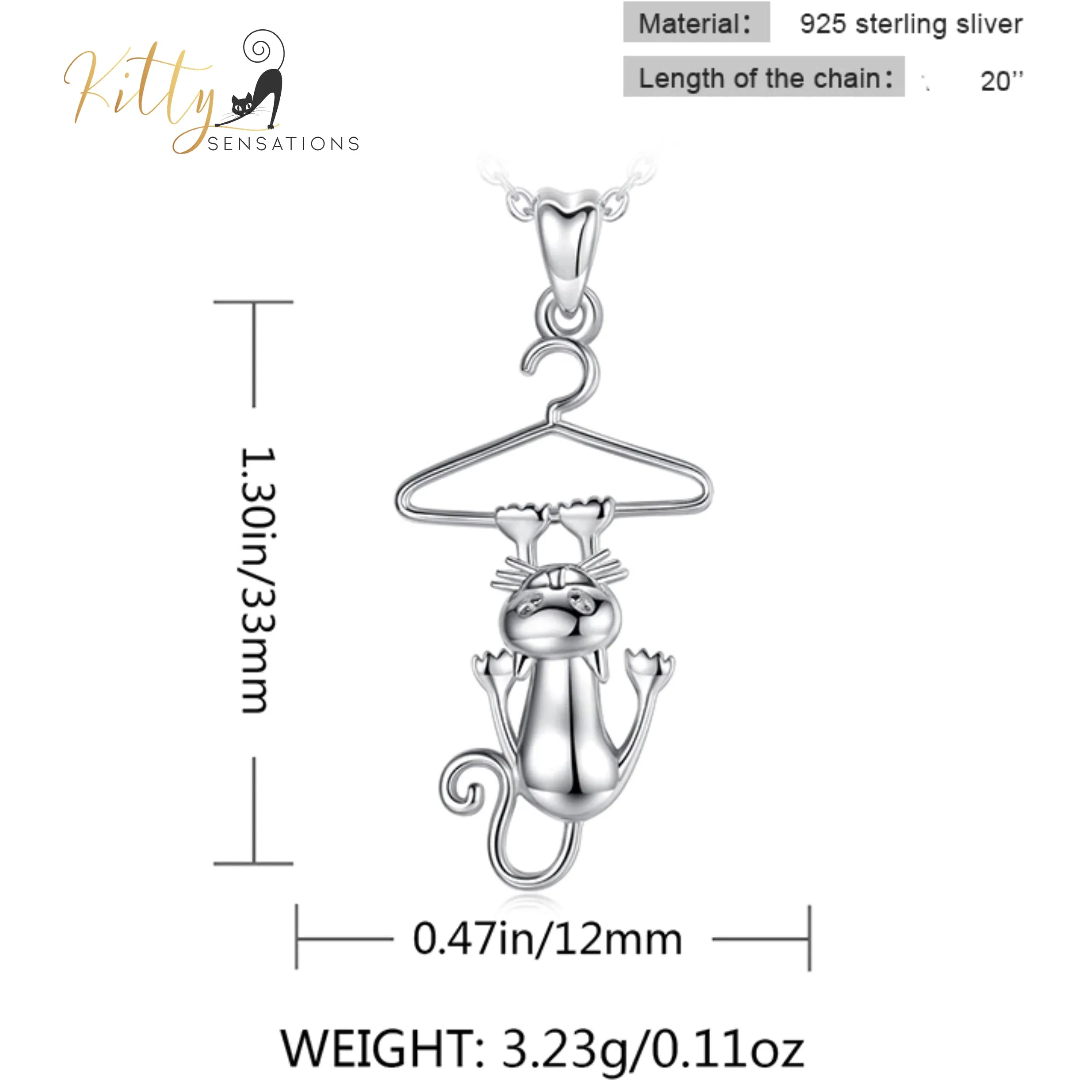 Hang-In-There Cat Necklace in Solid 925 Sterling Silver - 18K Rhodium Plated