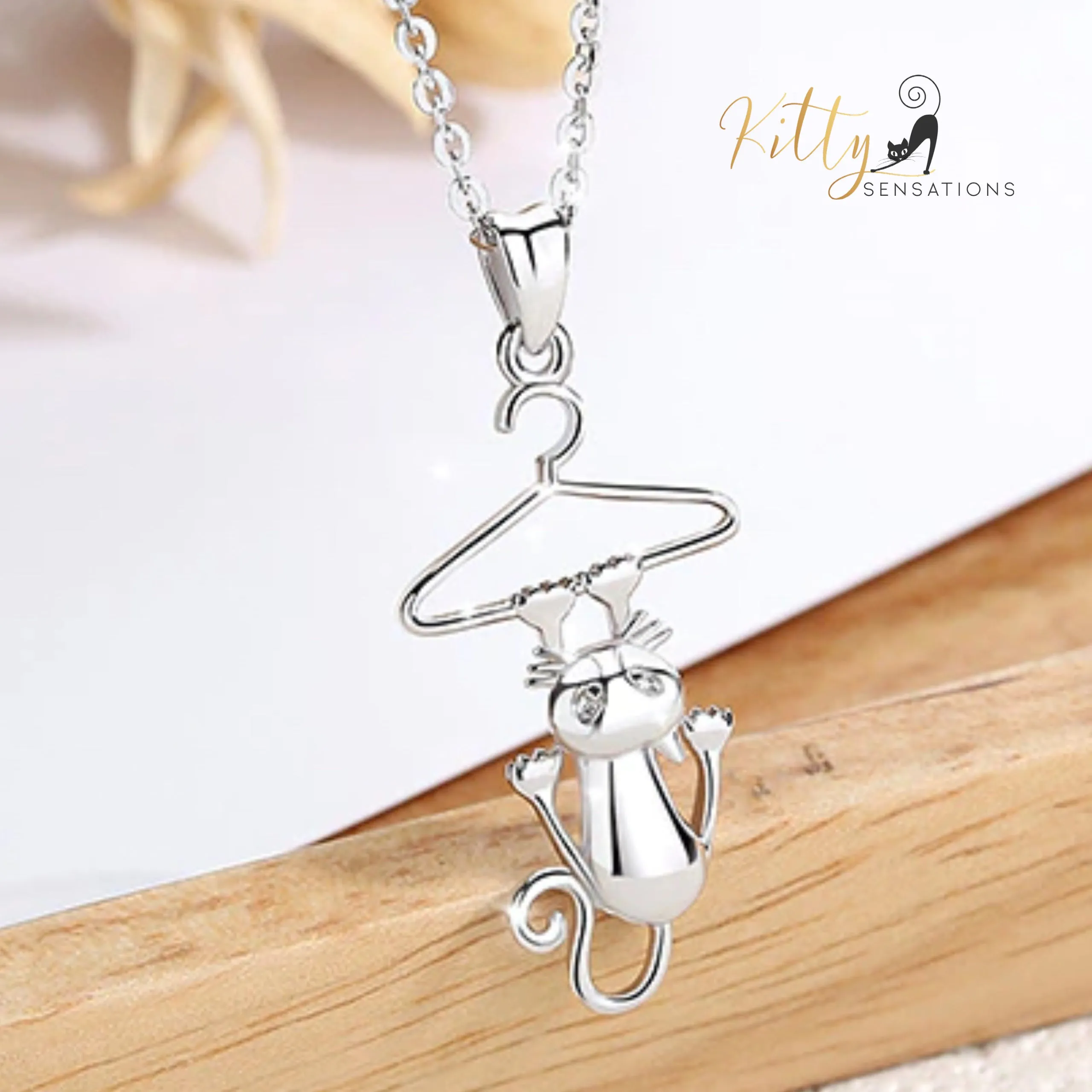 Hang-In-There Cat Necklace in Solid 925 Sterling Silver - 18K Rhodium Plated