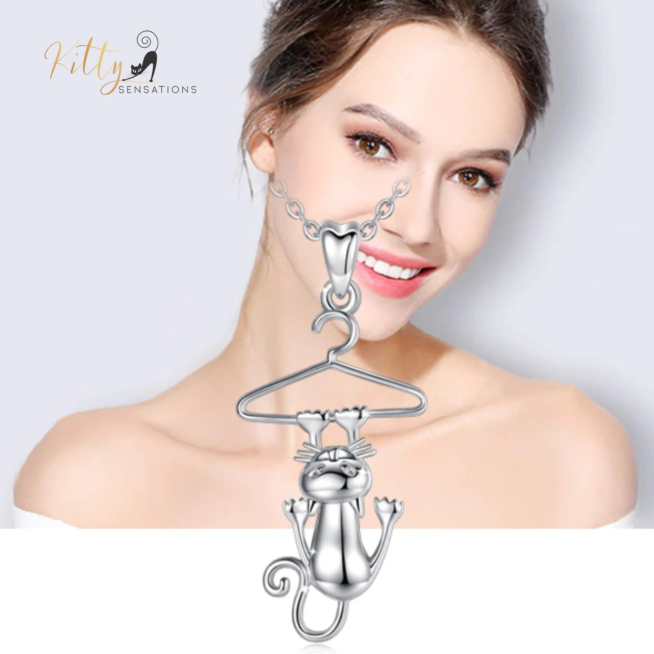 Hang-In-There Cat Necklace in Solid 925 Sterling Silver - 18K Rhodium Plated