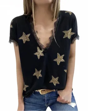 Haute Edition Women's Star Printed V-Neck Lace Trim Tee