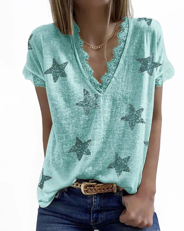 Haute Edition Women's Star Printed V-Neck Lace Trim Tee