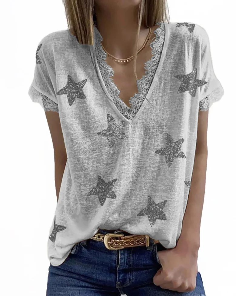 Haute Edition Women's Star Printed V-Neck Lace Trim Tee