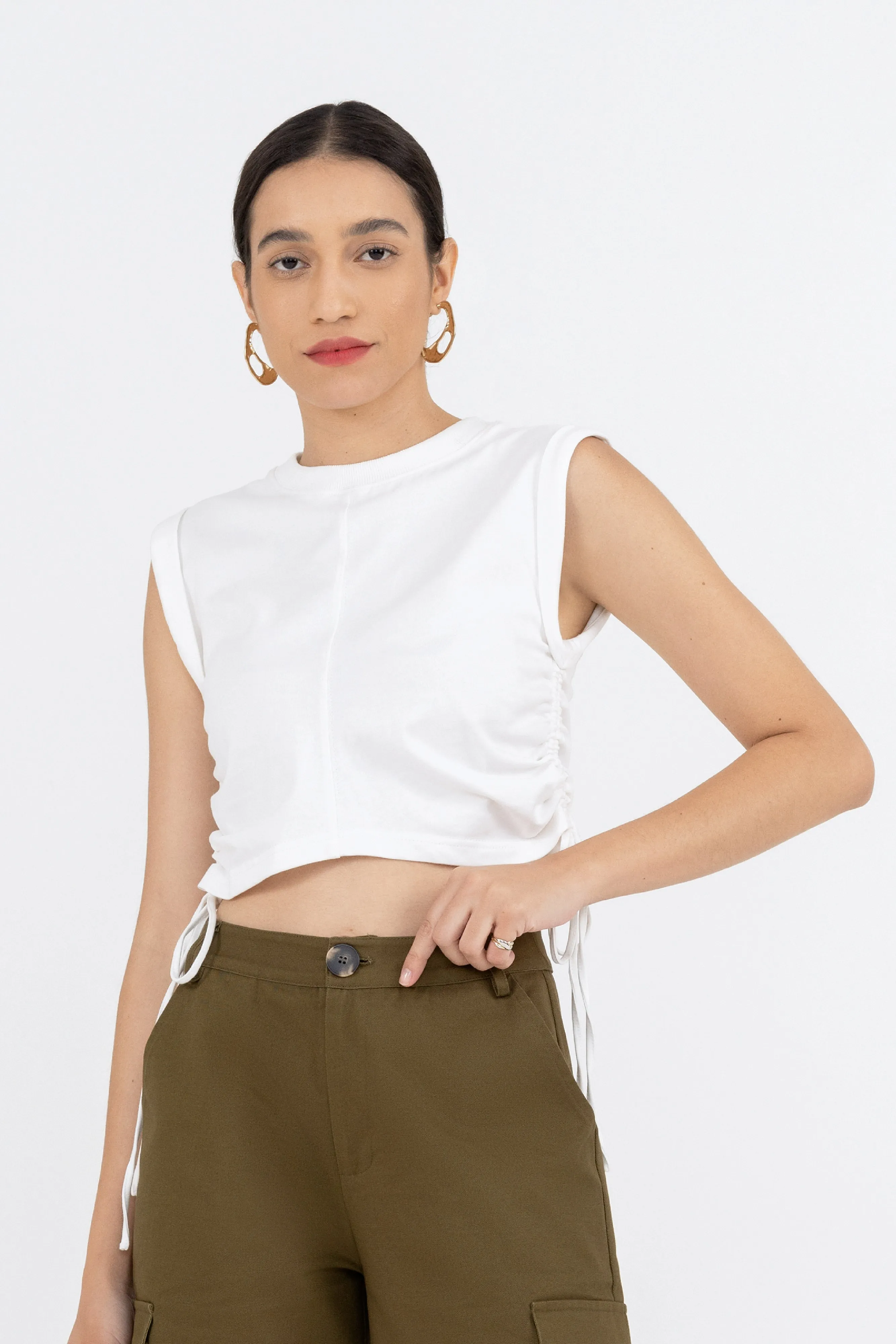 Imogen Drawstring Ruched Side Top in White