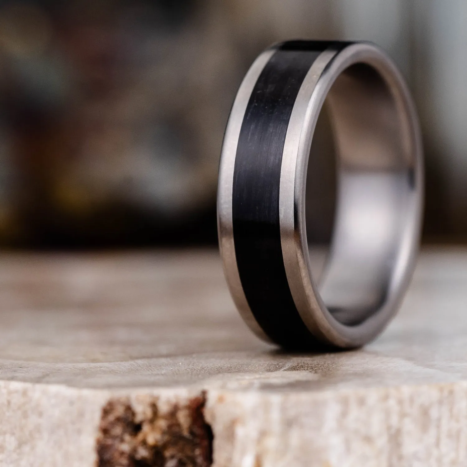 (In-Stock) The Speakeasy | Men's Black Whiskey Barrel Wood & Titanium Wedding Band - Size 9 | 7mm Wide