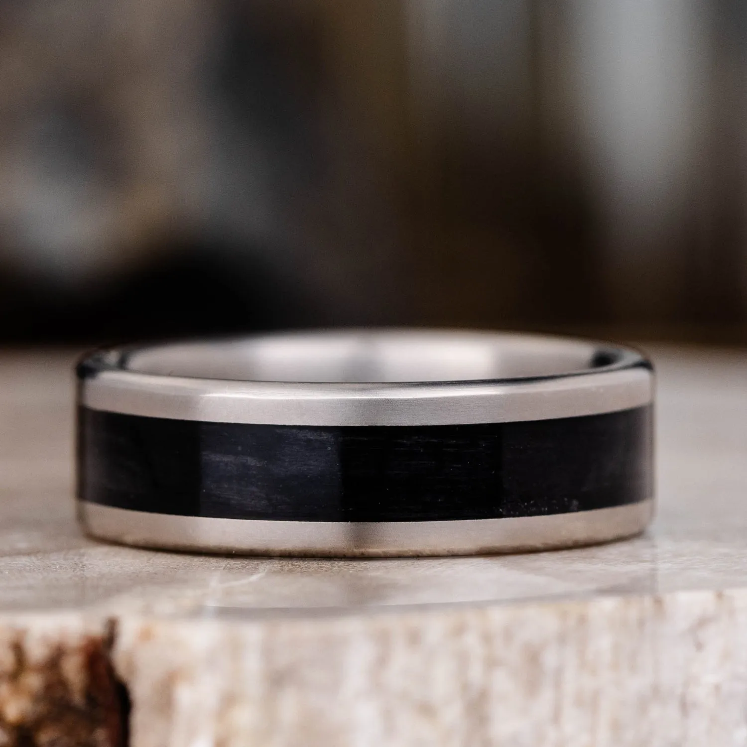 (In-Stock) The Speakeasy | Men's Black Whiskey Barrel Wood & Titanium Wedding Band - Size 9 | 7mm Wide