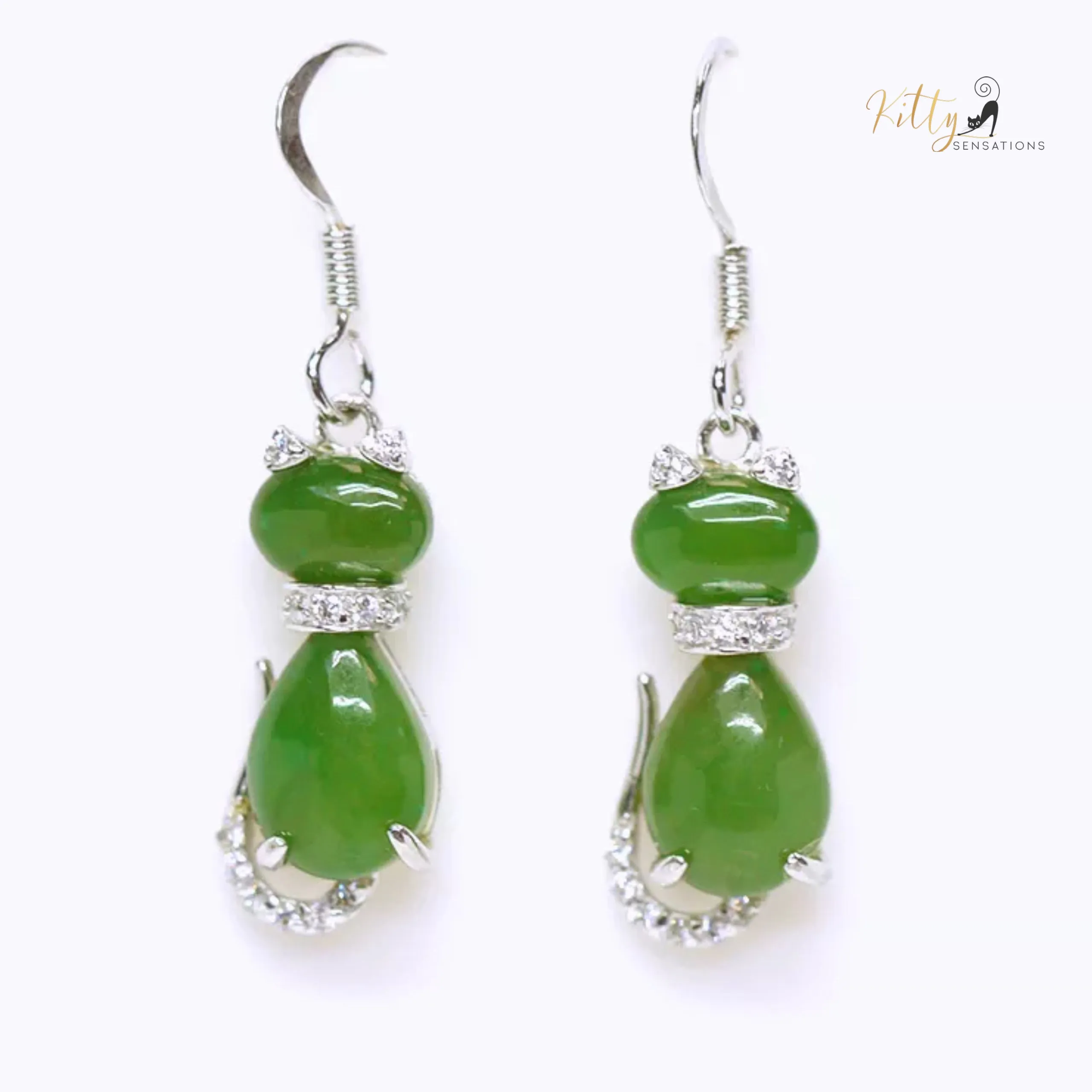 Jade Cat Earrings in Solid 925 Sterling Silver (Natural Jade, Fine Jewelry)