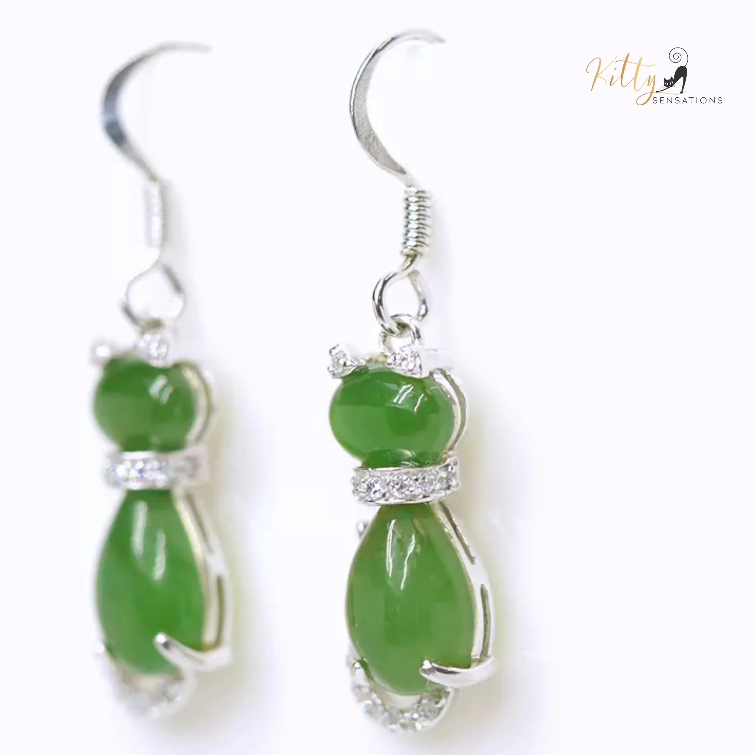 Jade Cat Earrings in Solid 925 Sterling Silver (Natural Jade, Fine Jewelry)