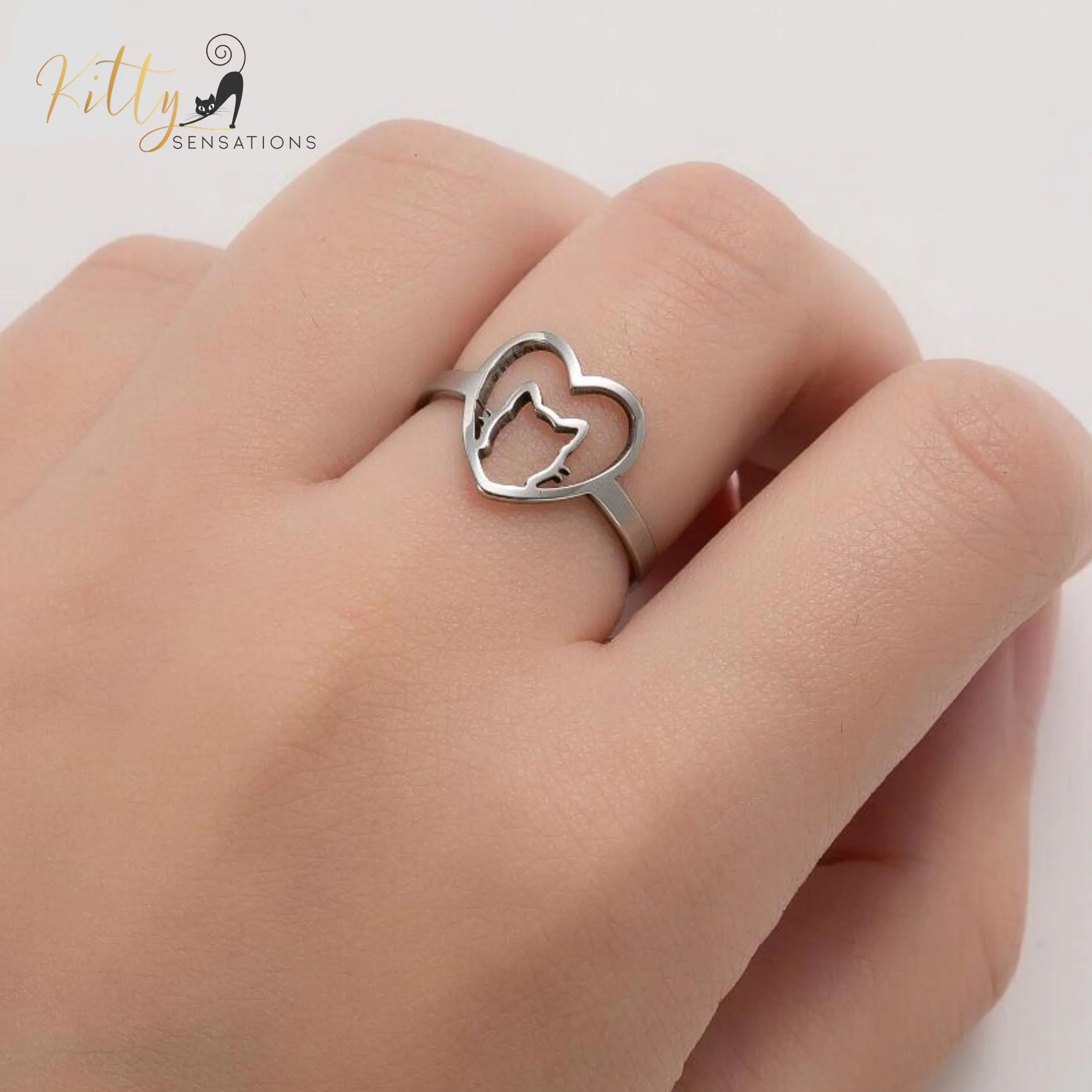 Kitty-in-Your-Heart Ring (Gold or Silver) - Adjustable Sizing