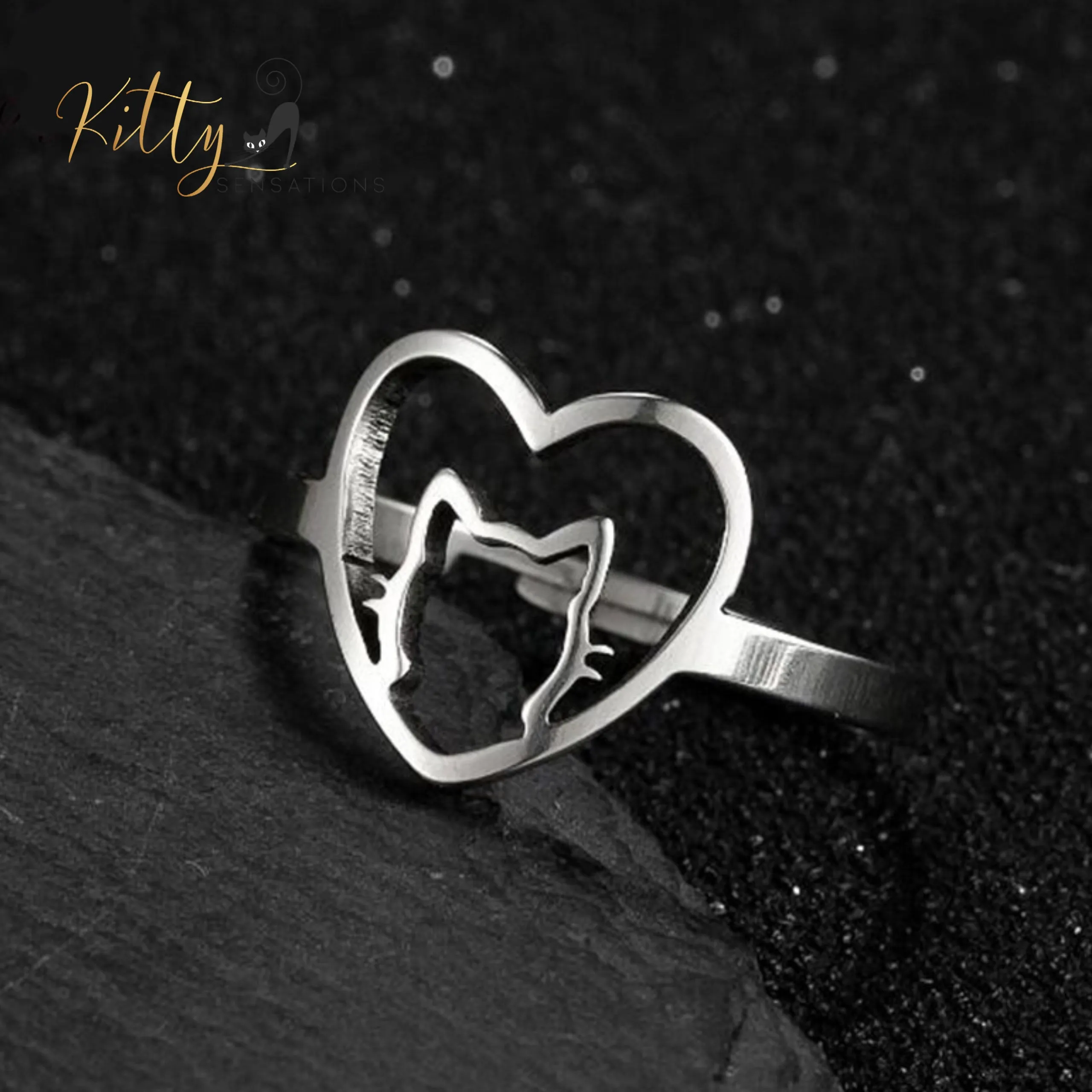 Kitty-in-Your-Heart Ring (Gold or Silver) - Adjustable Sizing