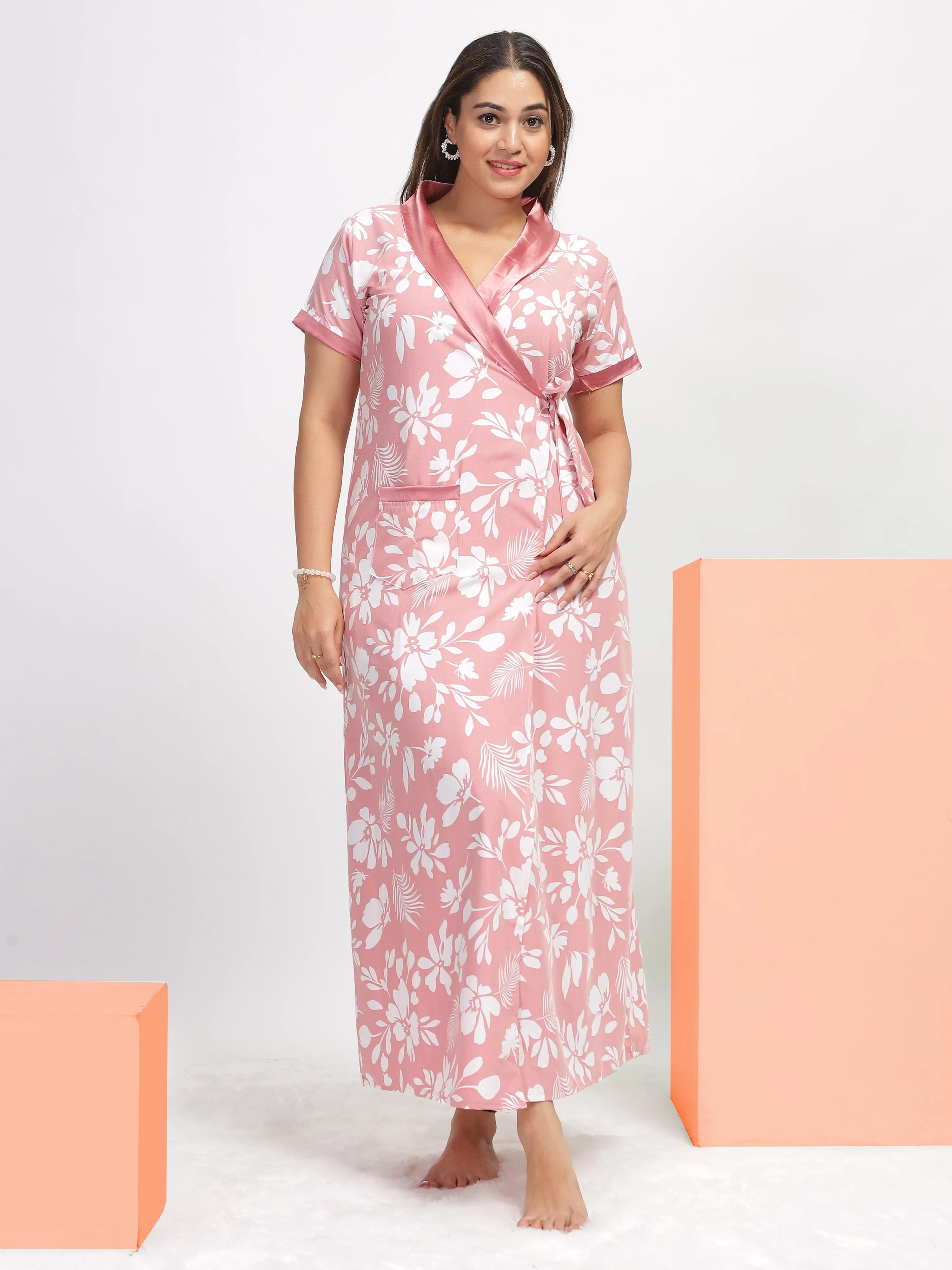 Leaf Peach: Poly Viscose House Coat with Gentle Petals