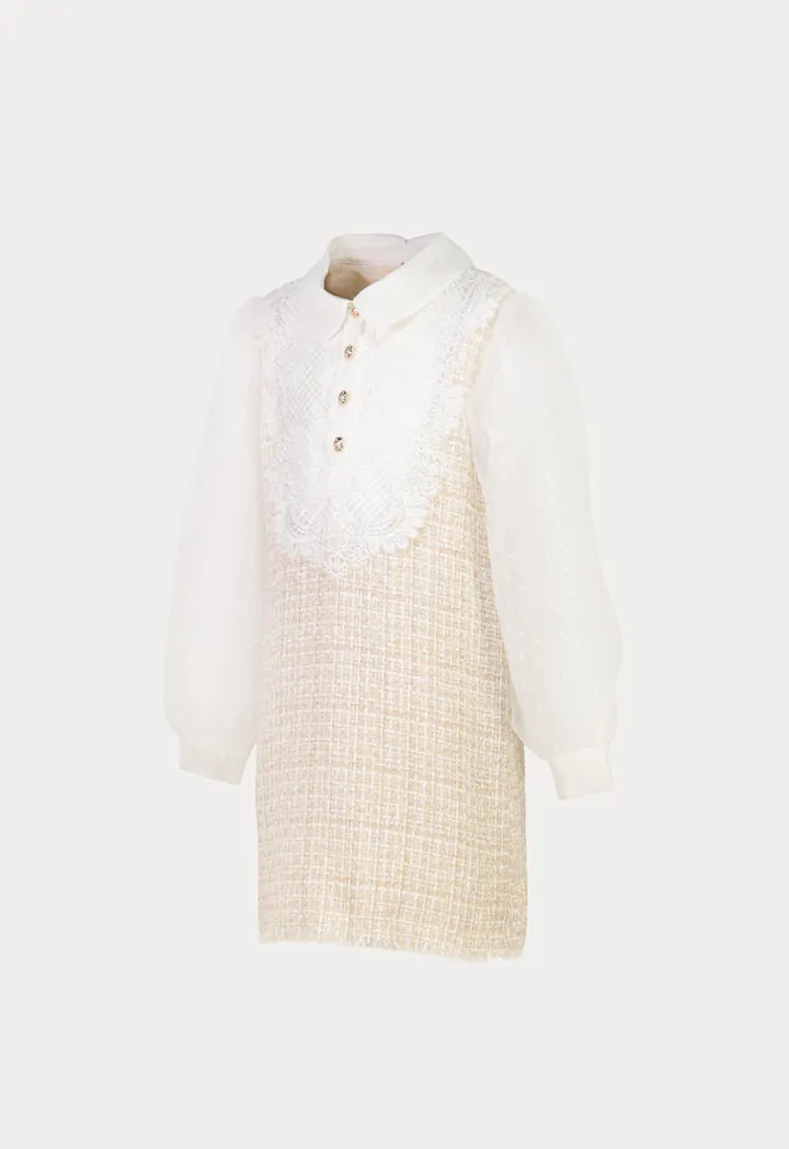 Lurex Tweed Lace Bib Balloon Long Sleeve Dress