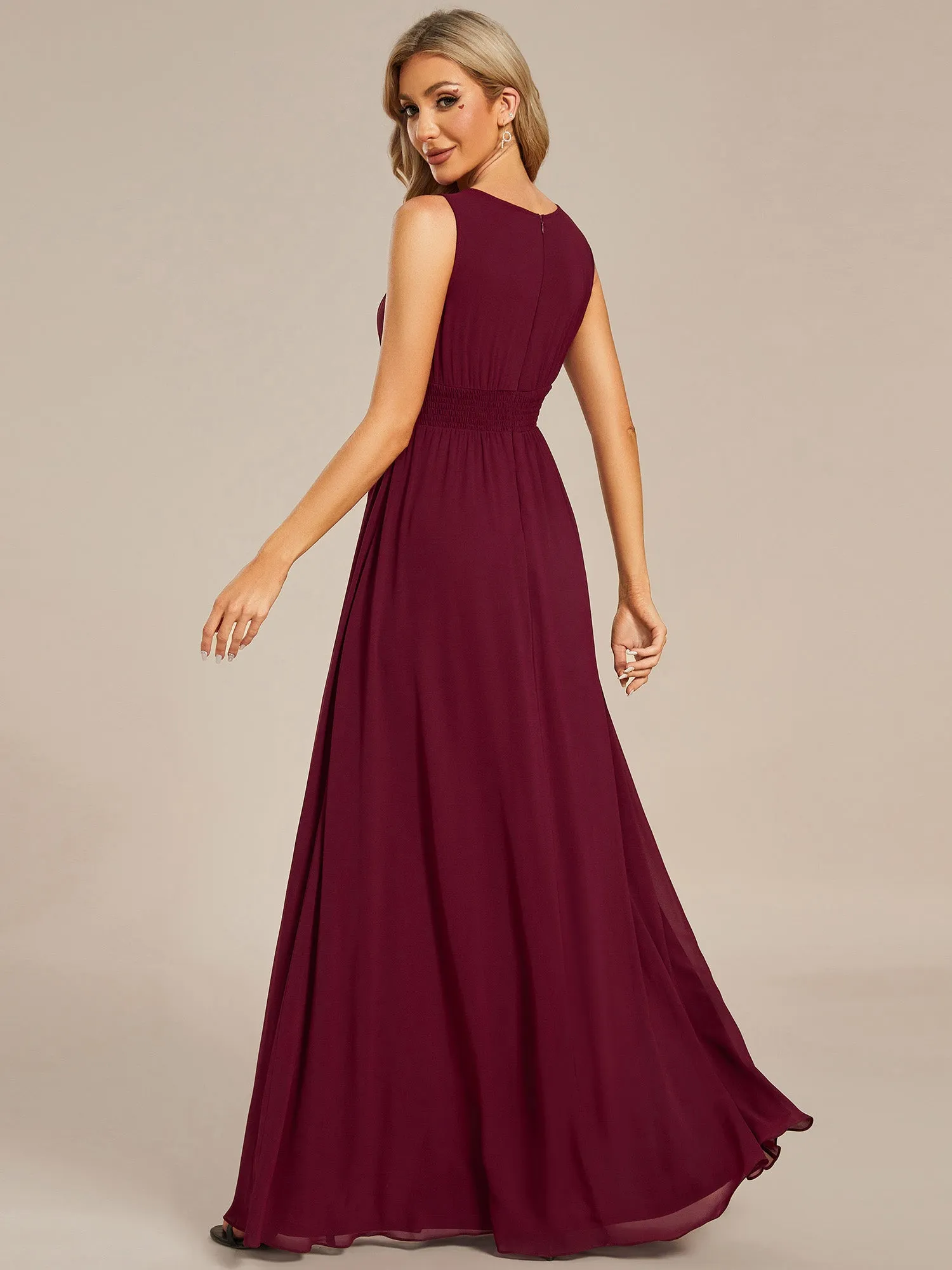 Maxi Long Chiffon Hollow Round Neck Decor Bridesmaids Dress