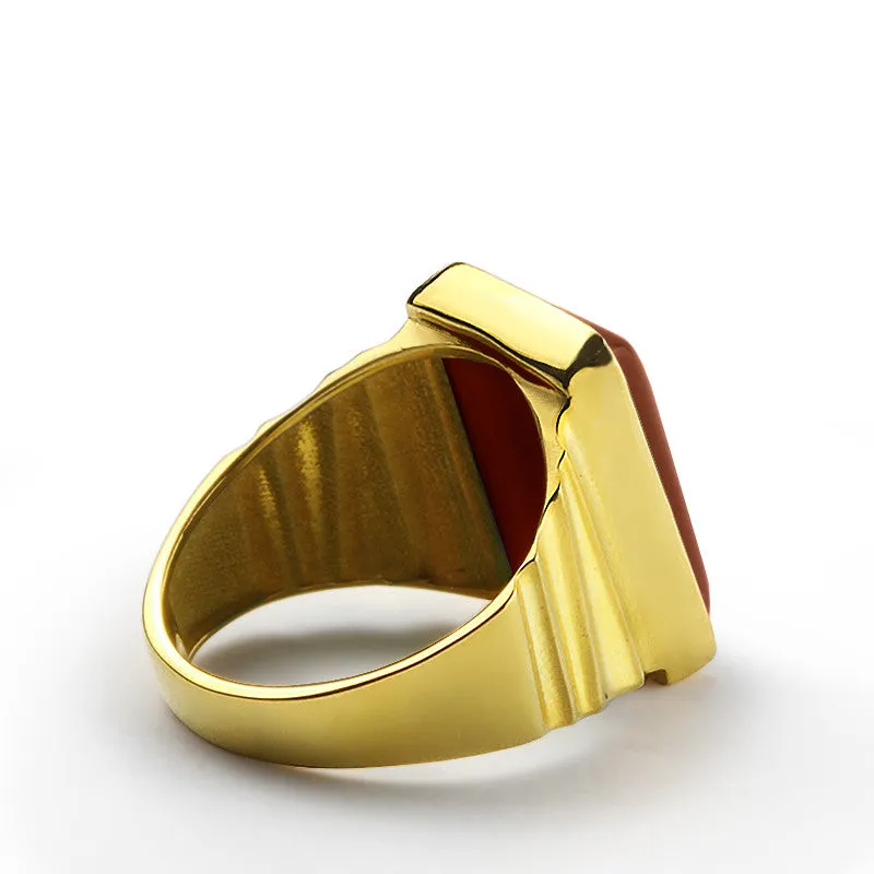 Men's Ring Red Agate in 10k Yellow Gold, Men's Natural Stone Ring