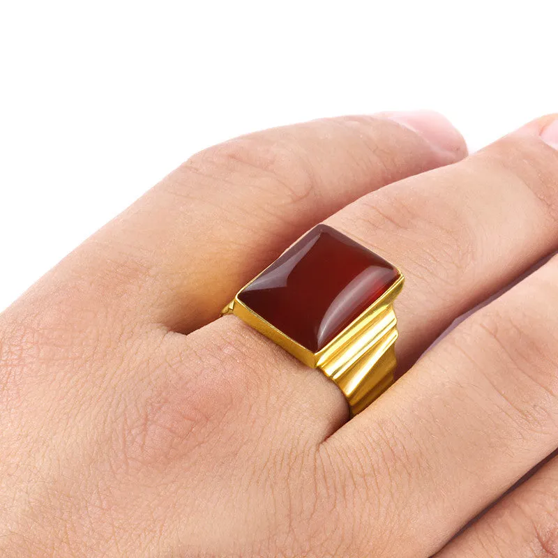 Men's Ring Red Agate in 10k Yellow Gold, Men's Natural Stone Ring