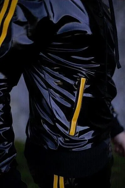 MR. RIEGILLIO PVC Tracksuit Jacket hoodies Glossy Shiny Black & Yellow Stripes