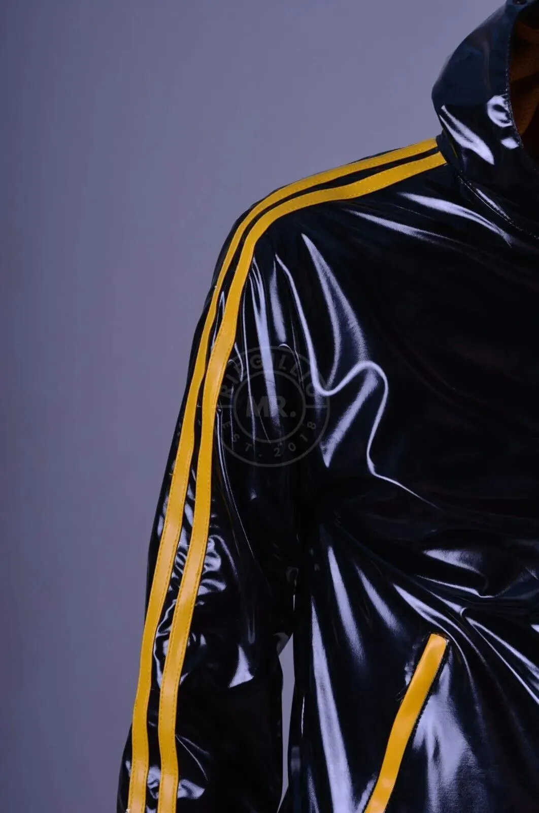 MR. RIEGILLIO PVC Tracksuit Jacket hoodies Glossy Shiny Black & Yellow Stripes