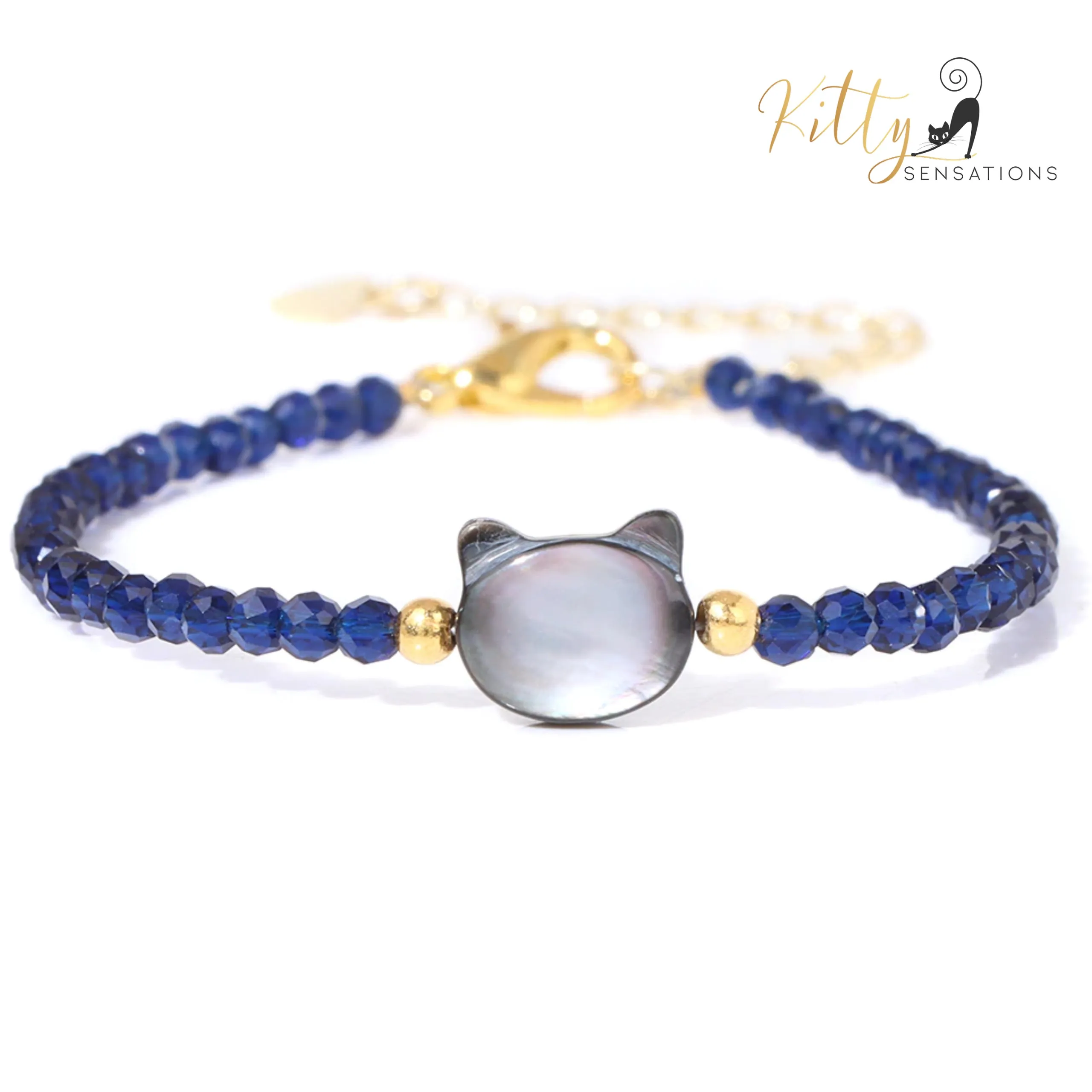 Natural Gemstones, Gray Mother-of-Pearl Kitty Face Bracelet (Adjustable Length)