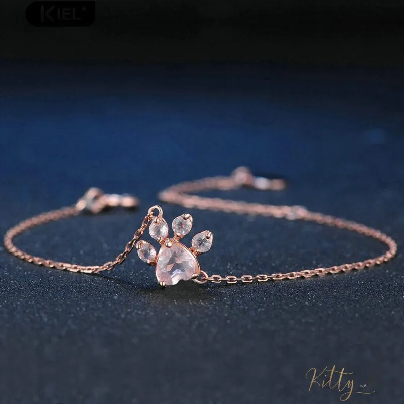 Natural Rose Quartz Cat Paw Bracelet (14K Rose Gold Plated)