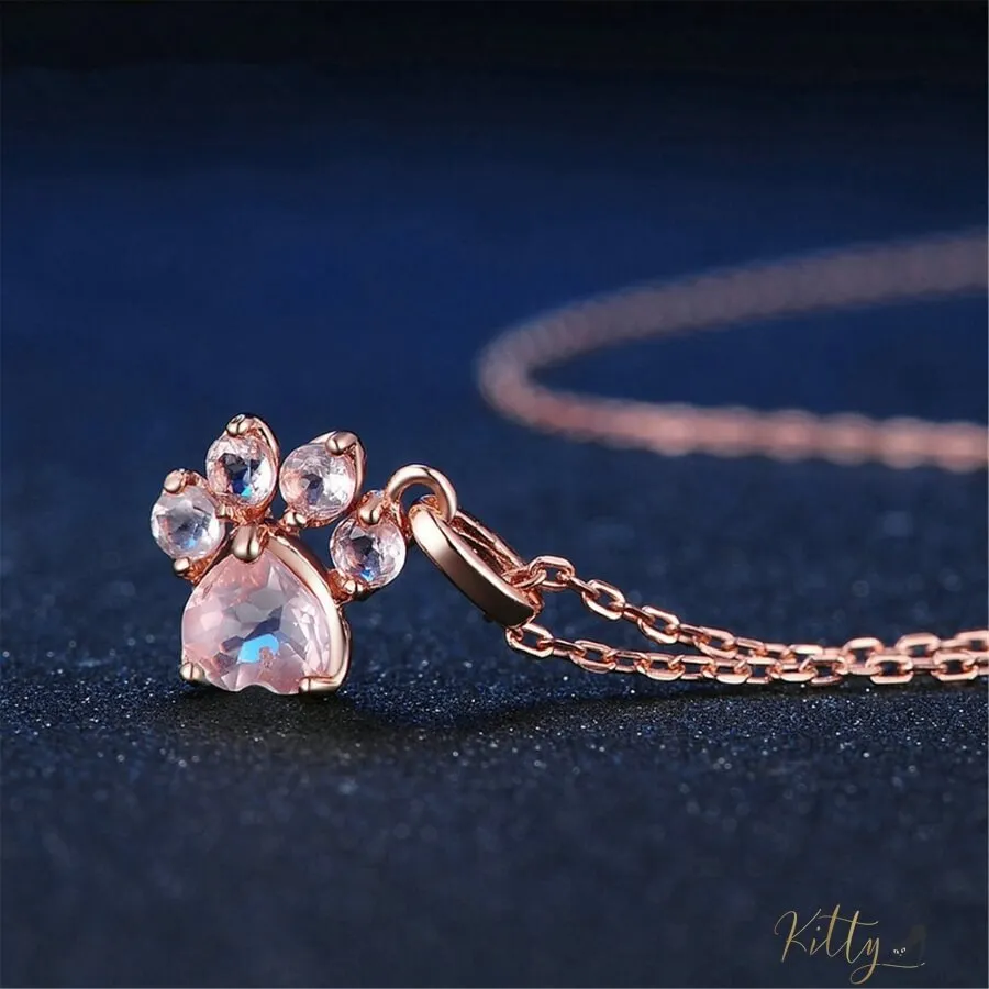 Natural Rose Quartz Cat Paw Necklace (14K Rose Gold Plated)