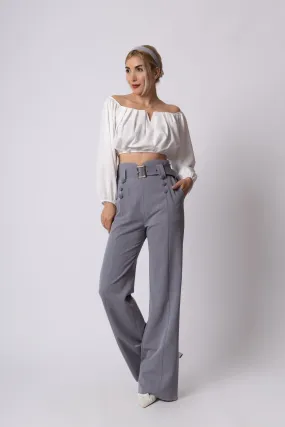 Pantalone Donna Vita Alta Bottoni Cintura Palazzo Tasche Elegante