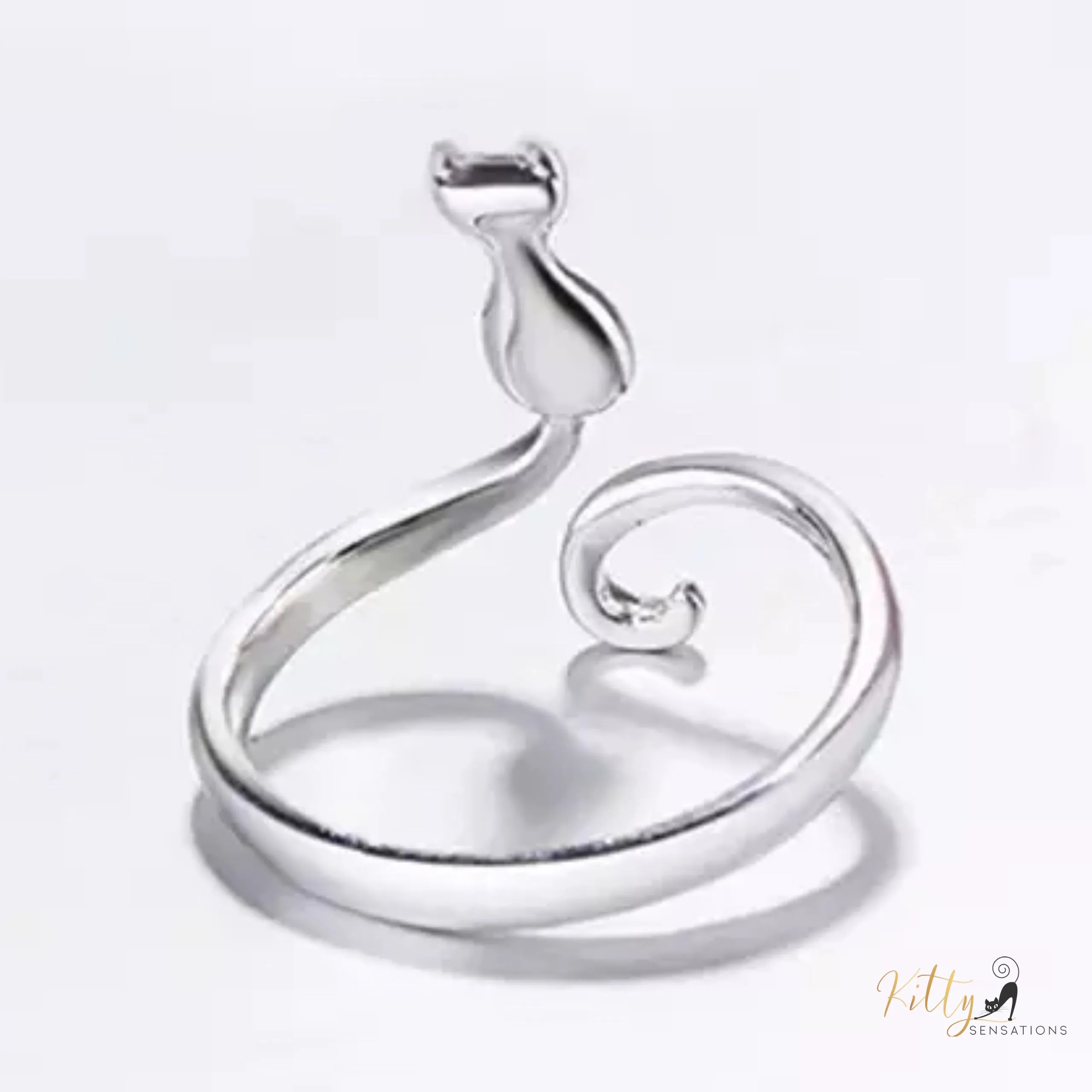 Peaceful Kitty Open Ring in Solid 925 Sterling Silver (Platinum Plated)