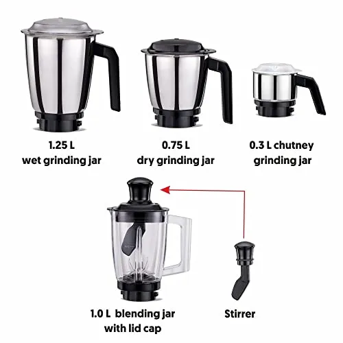 Preethi Peppy Plus MG-246 Mixer Grinder, 750 watt, Red-Black, 4 Jars