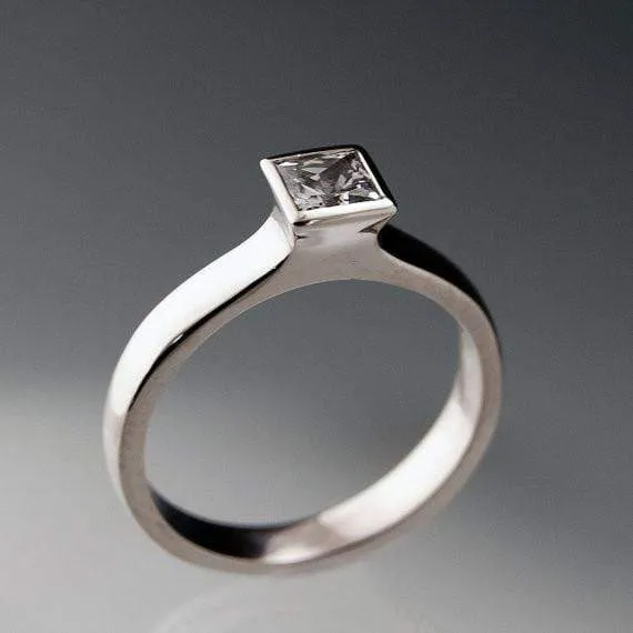 Princess Cut White Sapphire Bezel Solitaire Engagement Ring