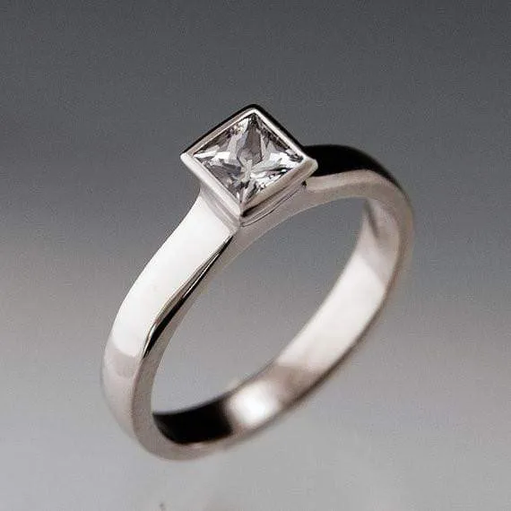 Princess Cut White Sapphire Bezel Solitaire Engagement Ring