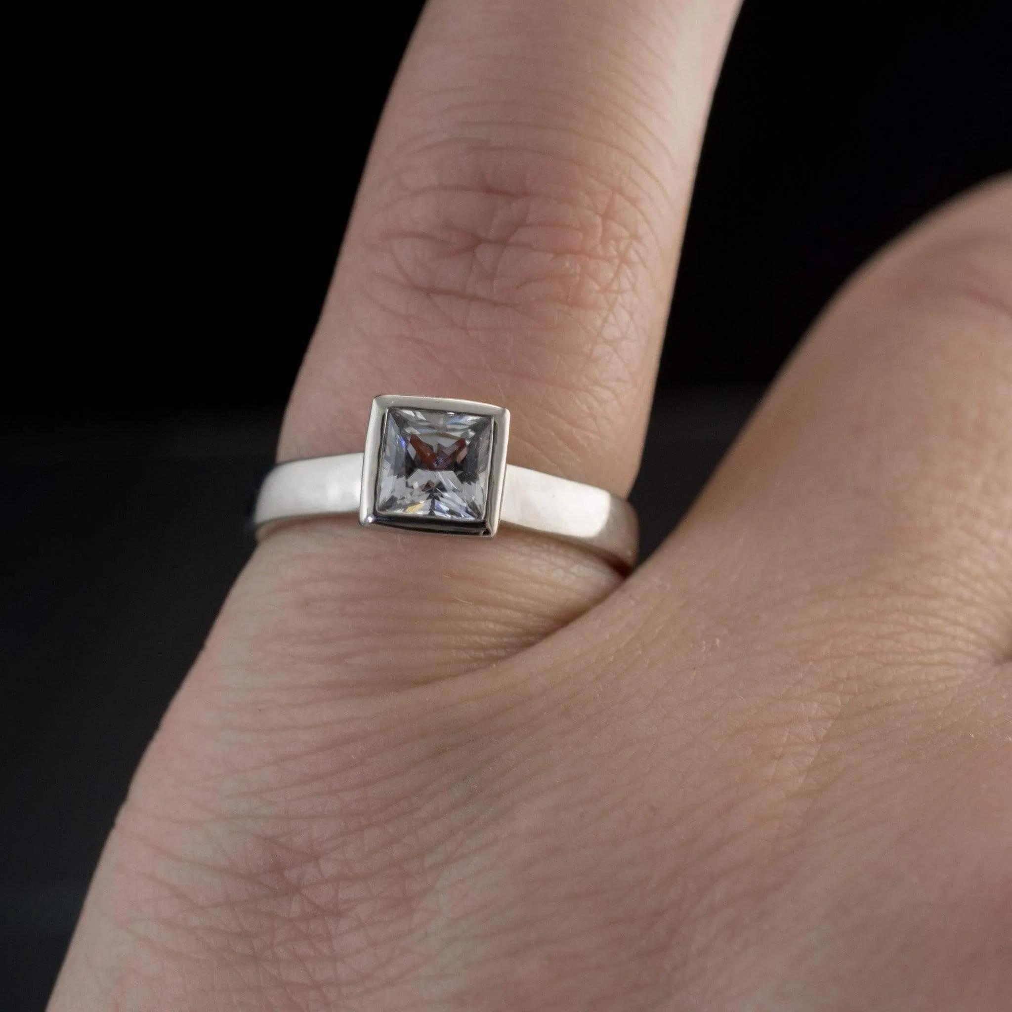 Princess Cut White Sapphire Bezel Solitaire Engagement Ring