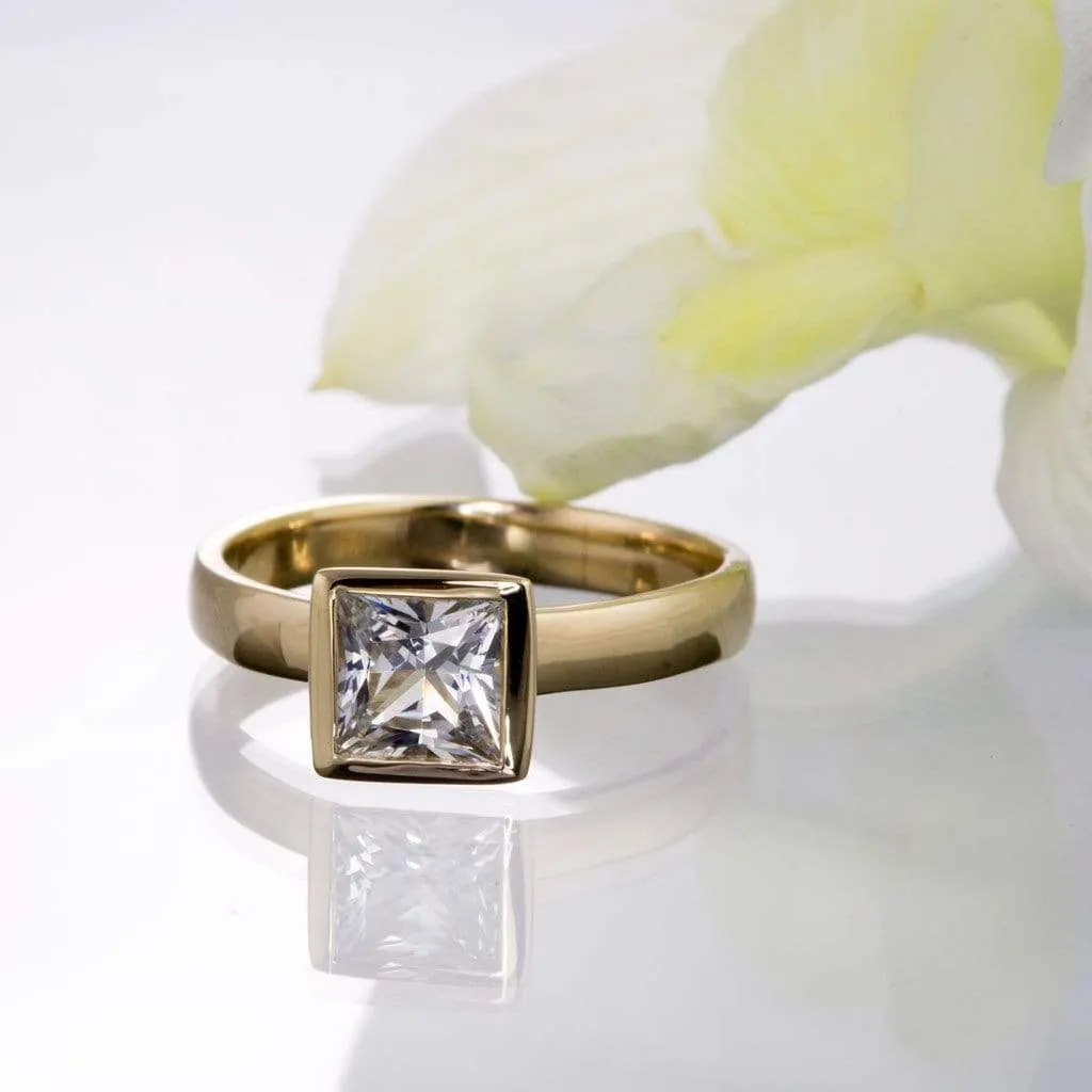 Princess Cut White Sapphire Bezel Solitaire Engagement Ring