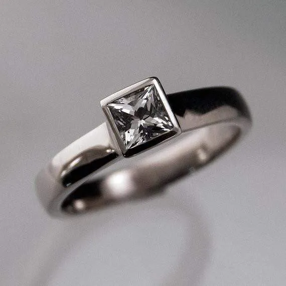 Princess Cut White Sapphire Bezel Solitaire Engagement Ring