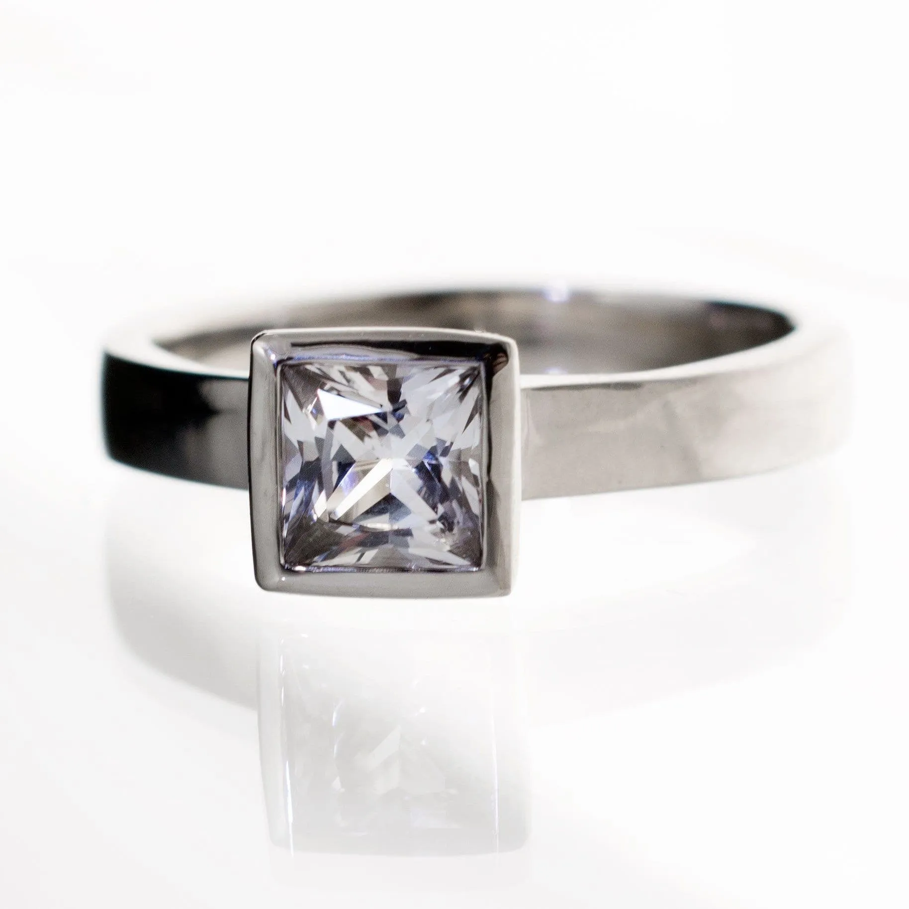 Princess Cut White Sapphire Bezel Solitaire Engagement Ring