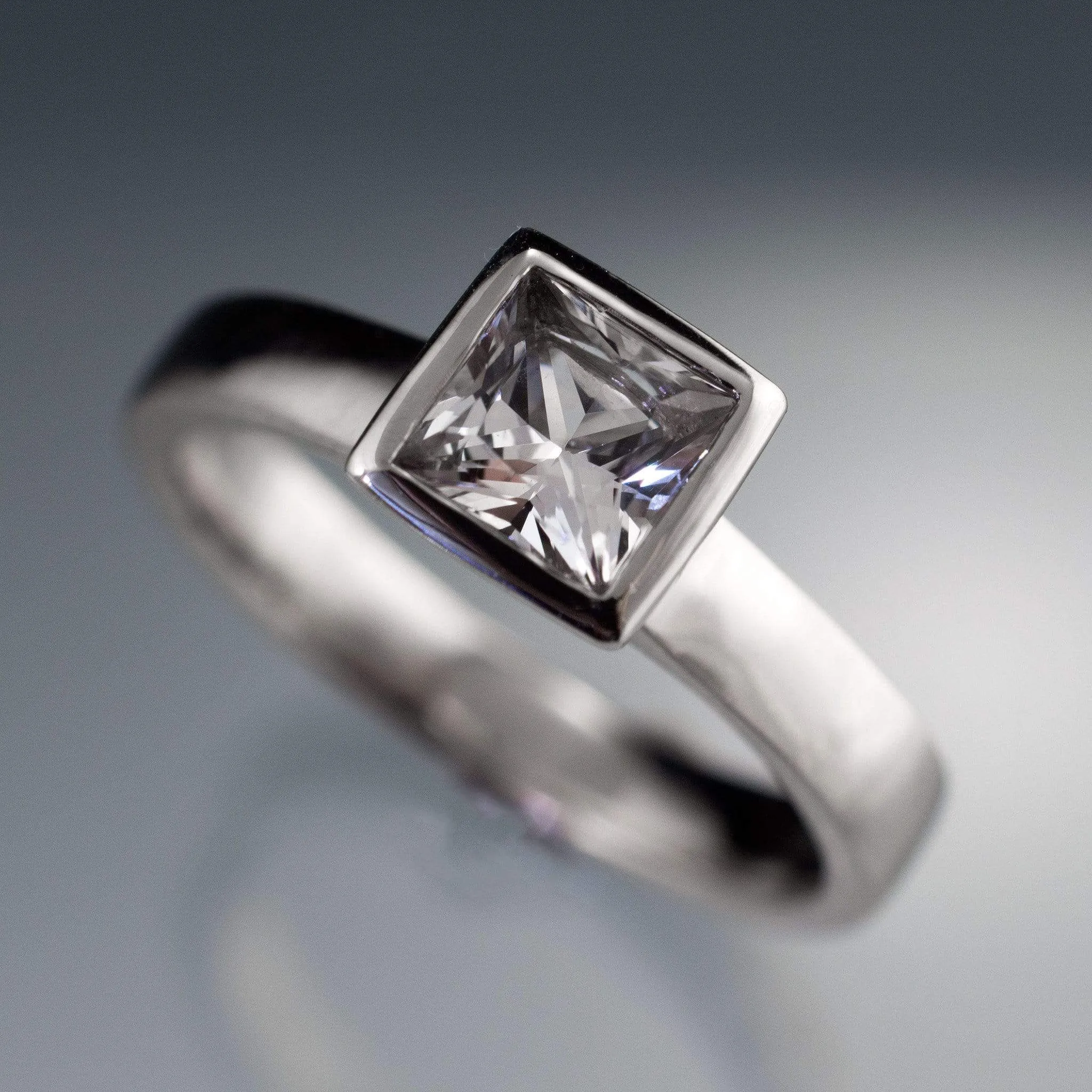 Princess Cut White Sapphire Bezel Solitaire Engagement Ring