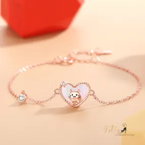 Raised Kitty in Heart Bracelet in Solid 925 Sterling Silver - Rose Gold Plated