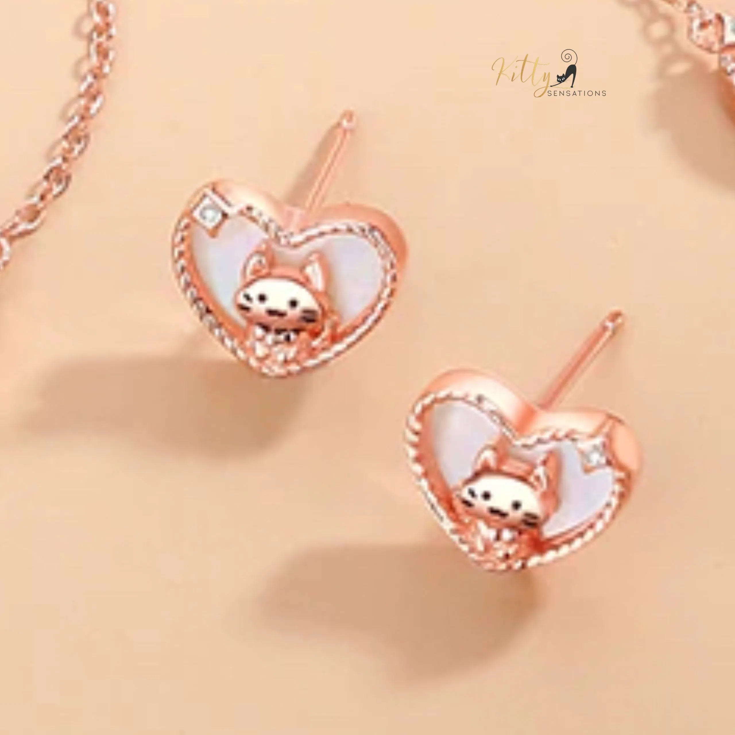 Raised Kitty in Heart Stud Earrings in Solid 925 Sterling Silver - Rose Gold Plated