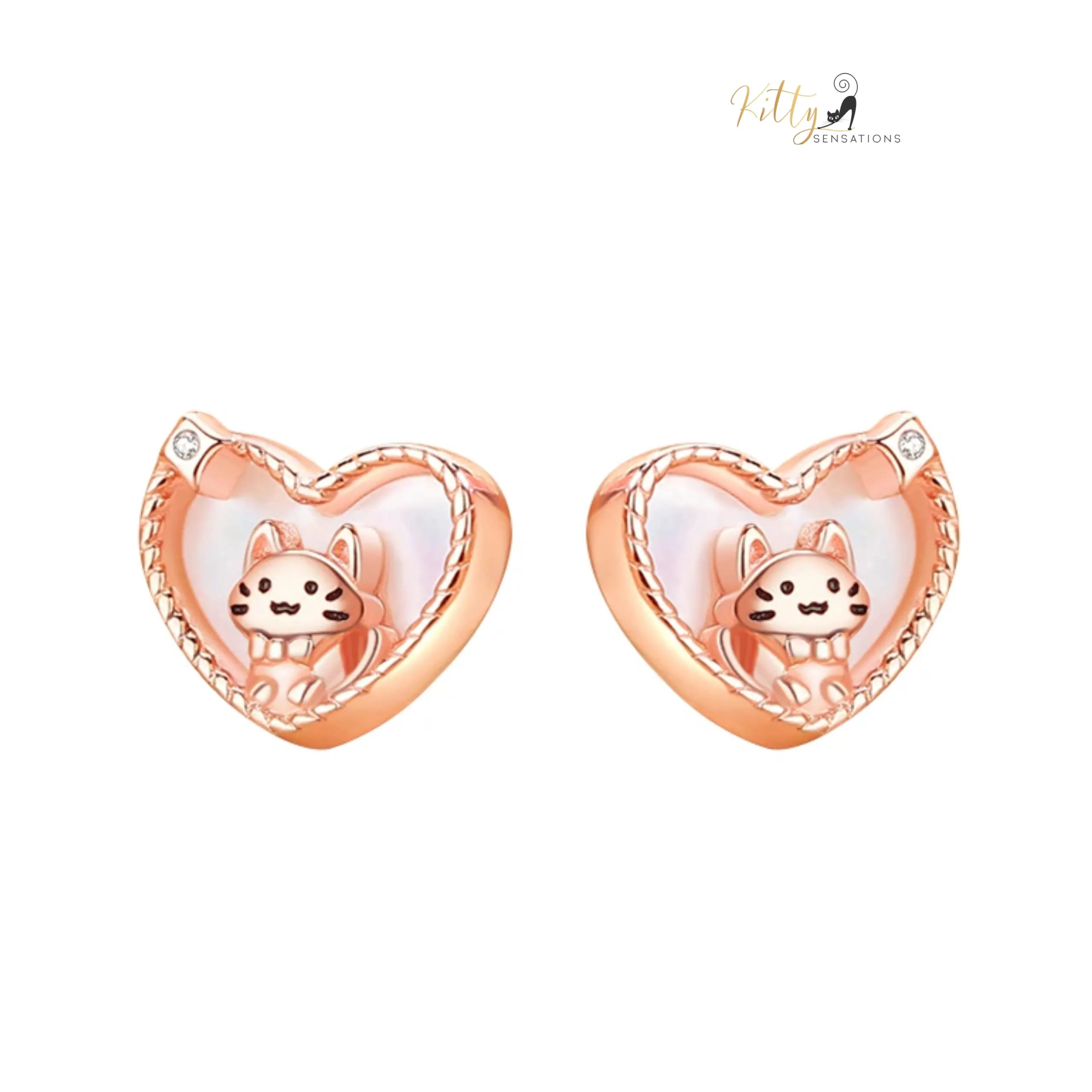 Raised Kitty in Heart Stud Earrings in Solid 925 Sterling Silver - Rose Gold Plated