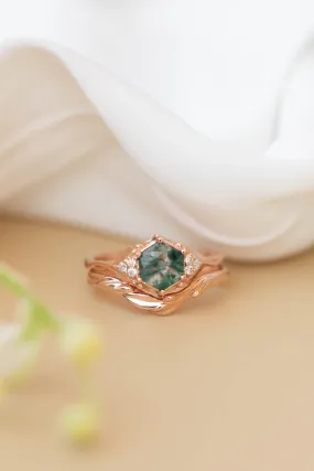 READY TO SHIP: Roma set in 14K rose gold, hexagon moss agate, moissanites, RING SIZE 7 US