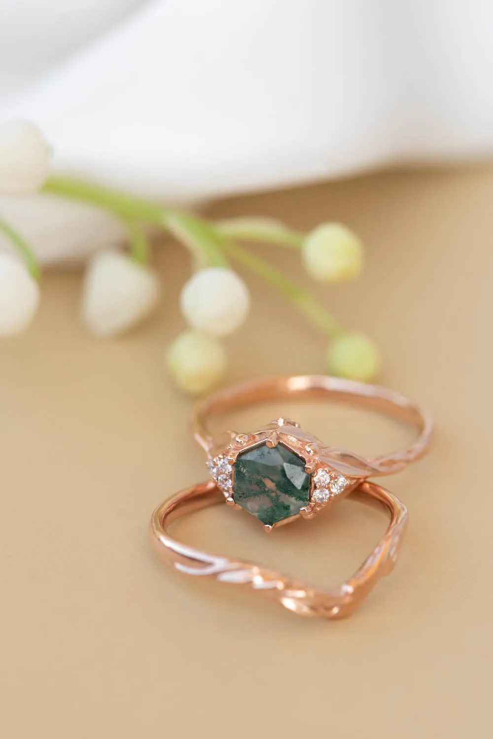 READY TO SHIP: Roma set in 14K rose gold, hexagon moss agate, moissanites, RING SIZE 7 US