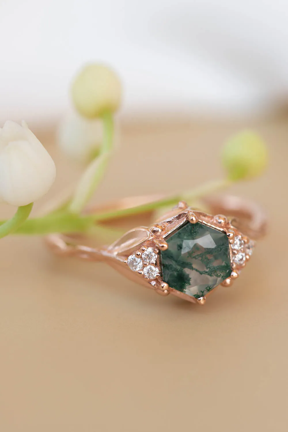 READY TO SHIP: Roma set in 14K rose gold, hexagon moss agate, moissanites, RING SIZE 7 US