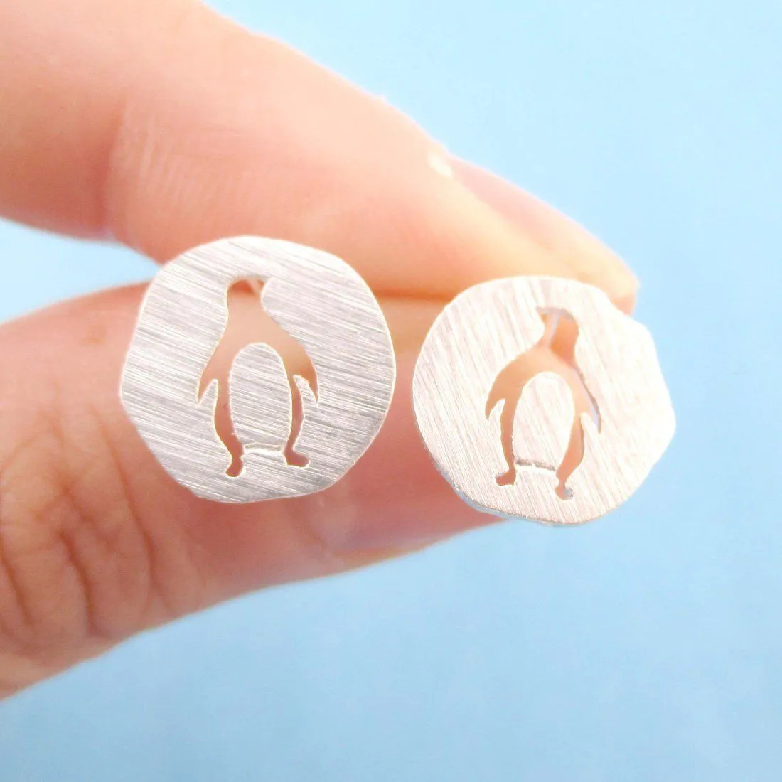 Round Silver Stud Earrings with Penguin Silhouette Cut Out in Silver | Allergy Free