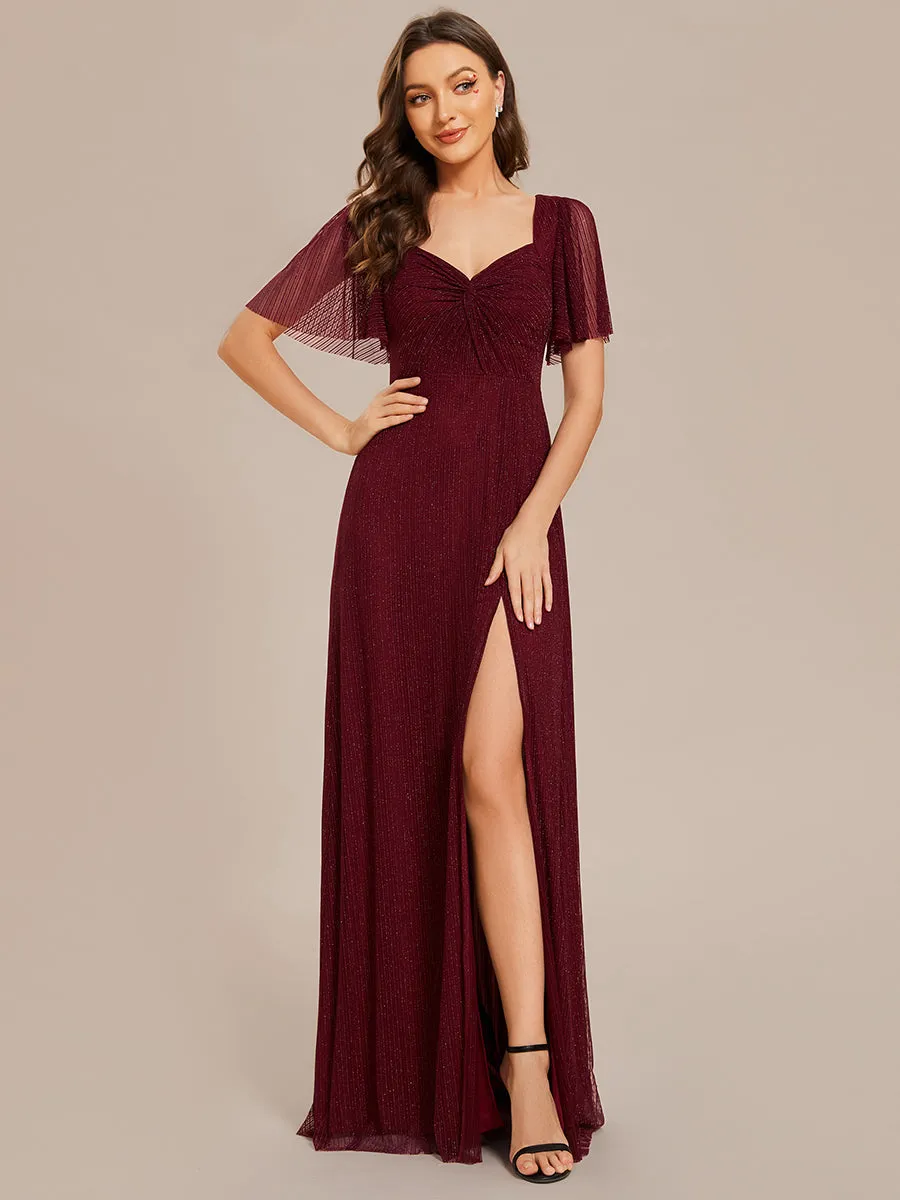 Shiny Maxi Long V-Neck Evening Dresses With Short Sleeve