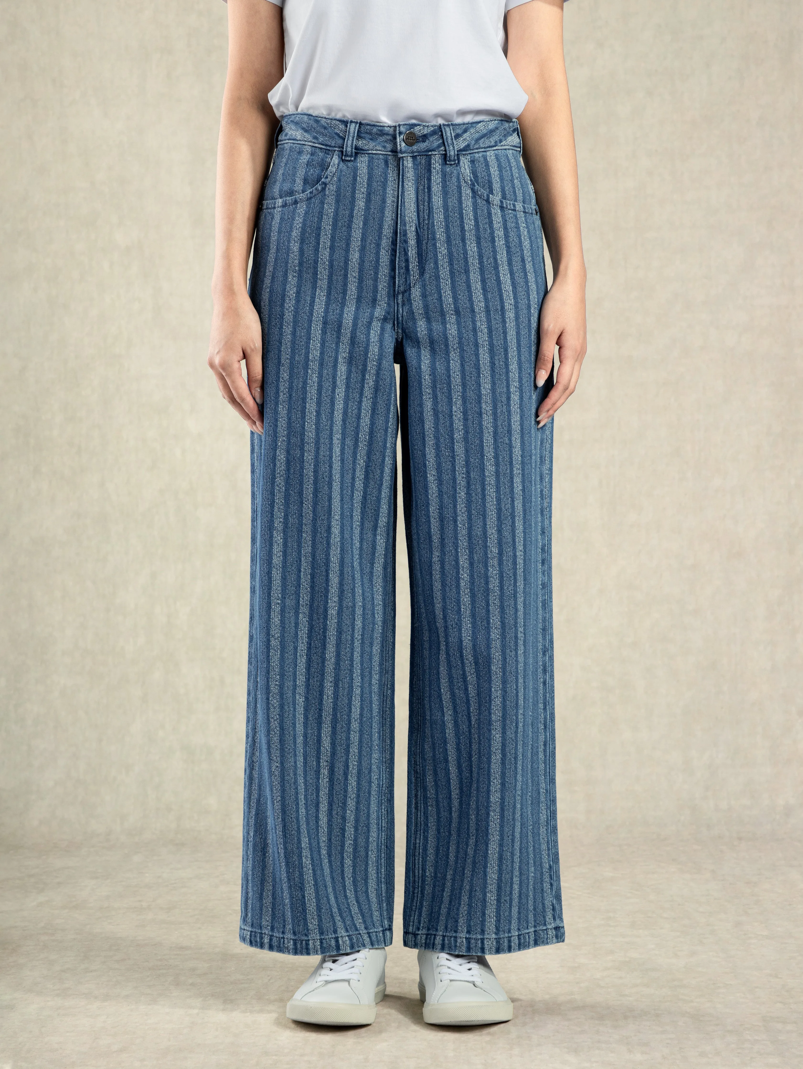 Striped Wide Leg Jeans Mid Indigo Stripe