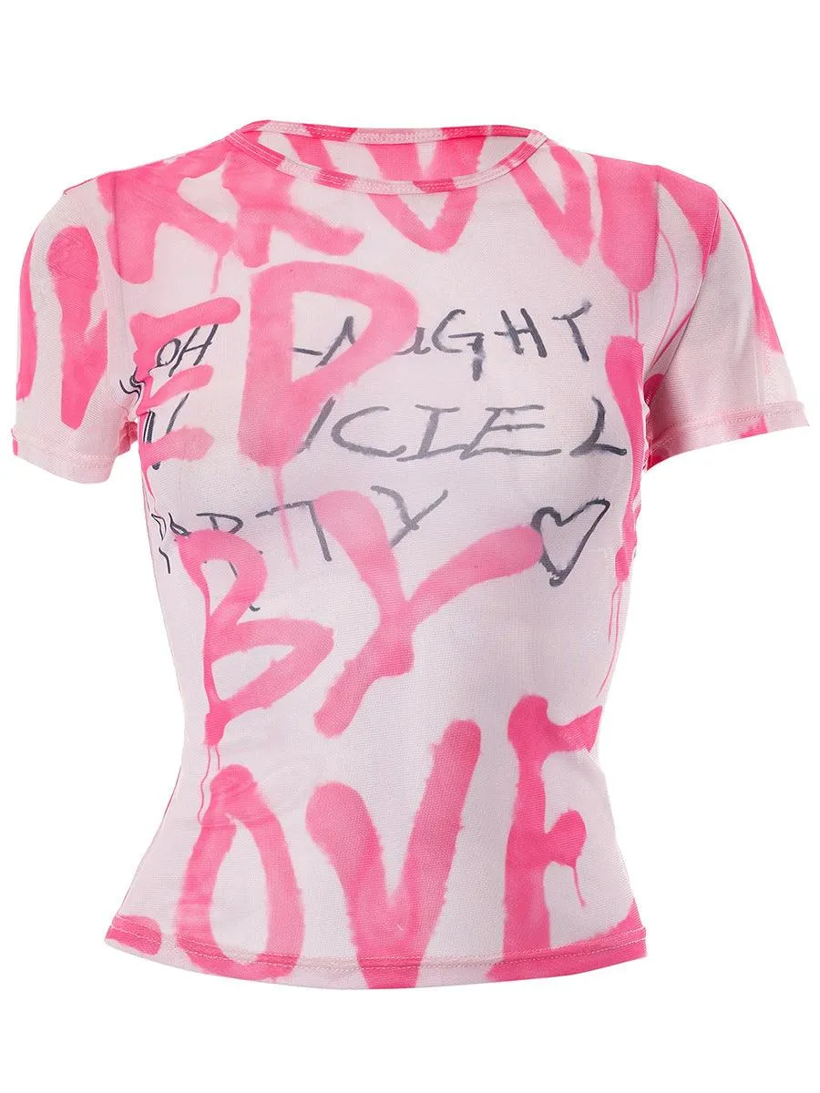 Summer Pink Graphic Letters Mesh Top