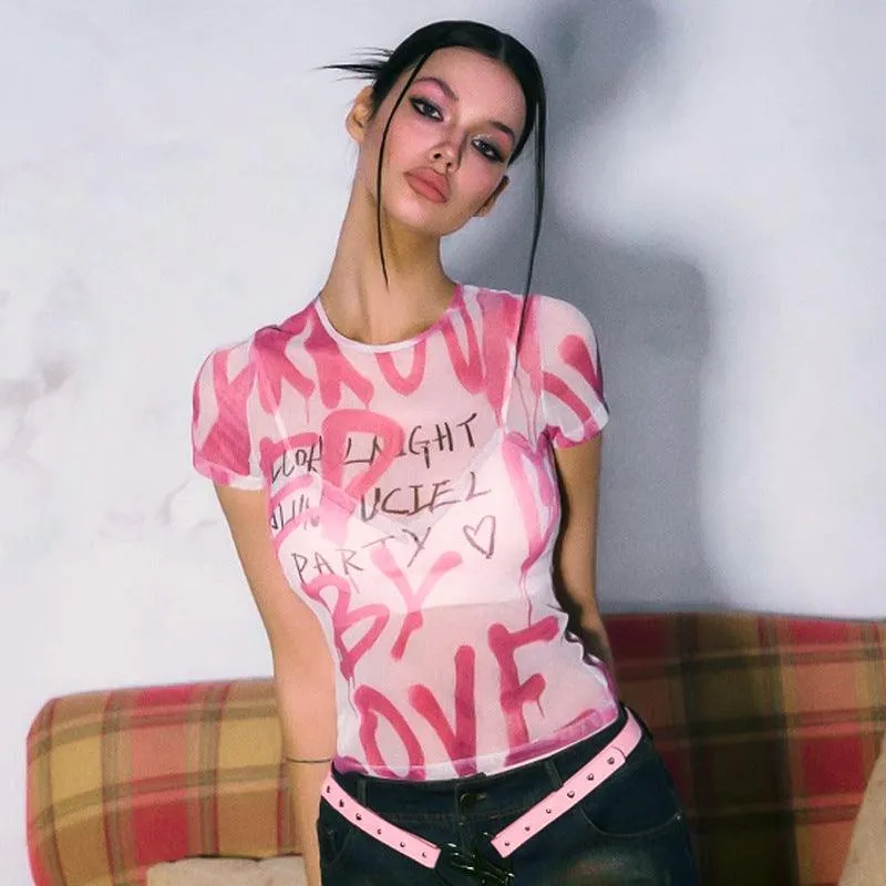 Summer Pink Graphic Letters Mesh Top