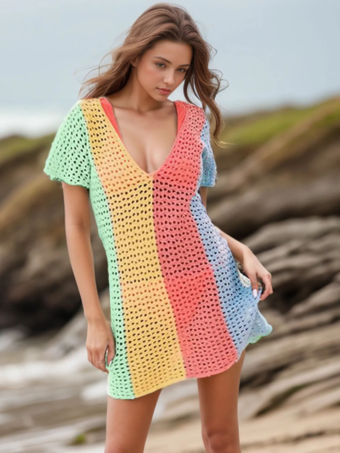 Sunset Vacation  Openwork Color Block V-Neck Short Sleeve Beach Cover Up