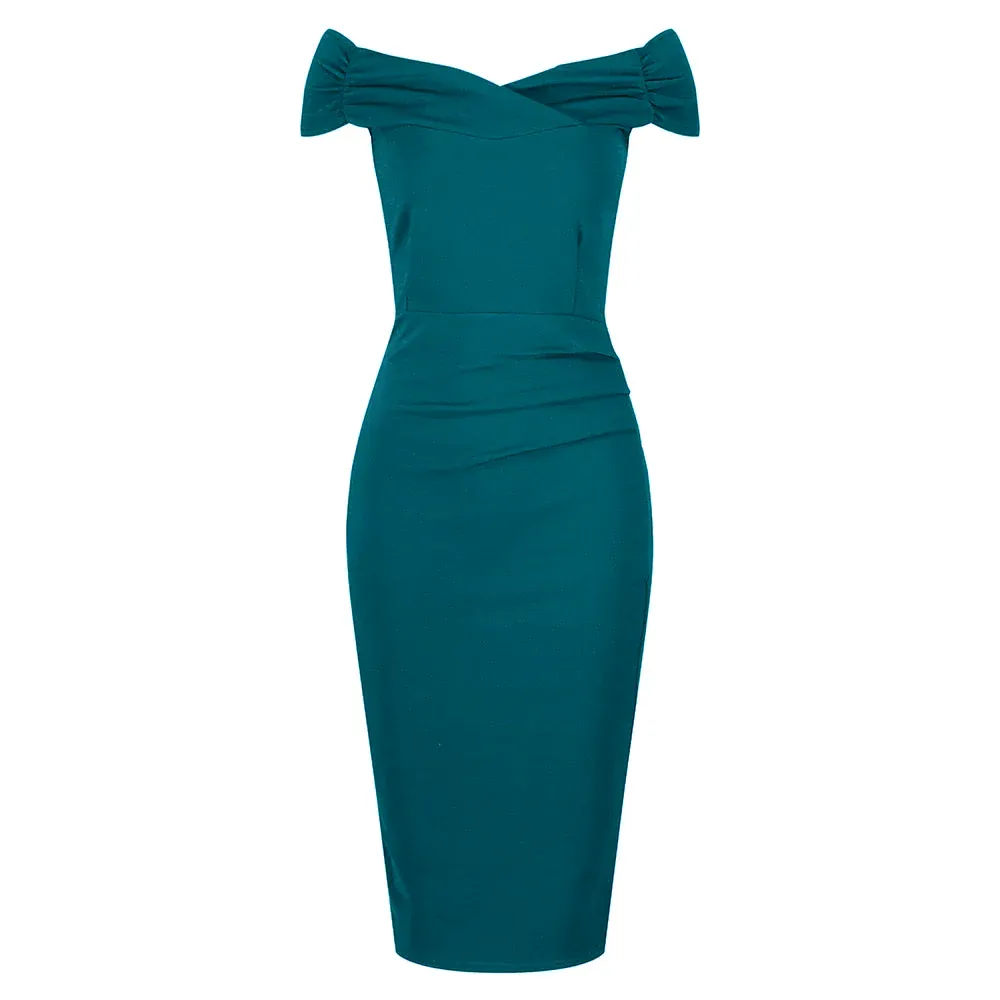 Teal Cap Sleeve Crossover Top Bardot Wiggle Dress