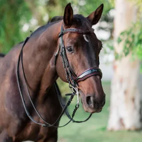 The Hayworth Double - Black Patent Double Bridle with Burgundy Patent Piping